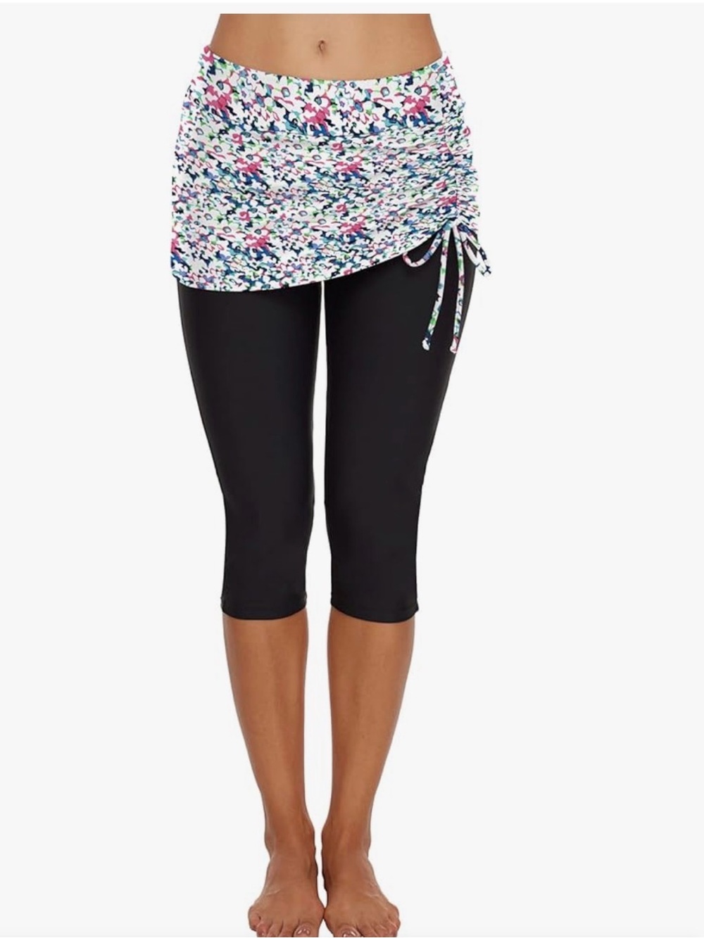 Floral Drawstring Swim Skirt with Black Capri Swim Leggings